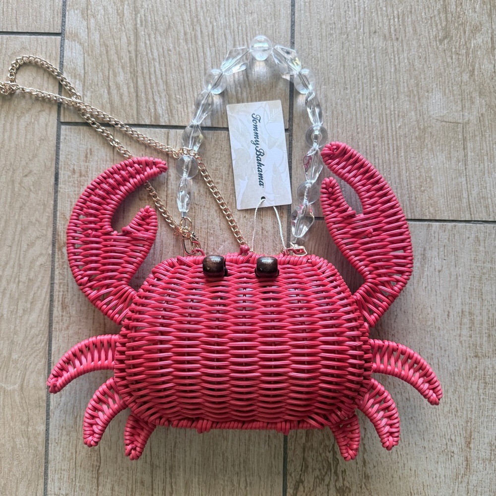 Tommy Bahama Red Wicker Crab Kiss Lock Purse Crossbody Beaded Handle